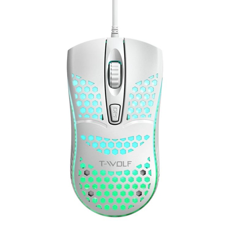 T-WOLF V15 Honeycomb Wired USB Gaming Mouse with RGB Lighting Ergonomic Hollow Design for PC Office Home Use(White)