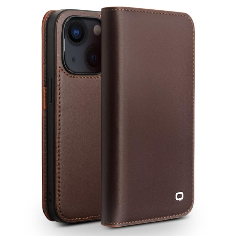 For iPhone 14 Plus QIALINO Business Horizontal Flip PU Phone Case (Brown)