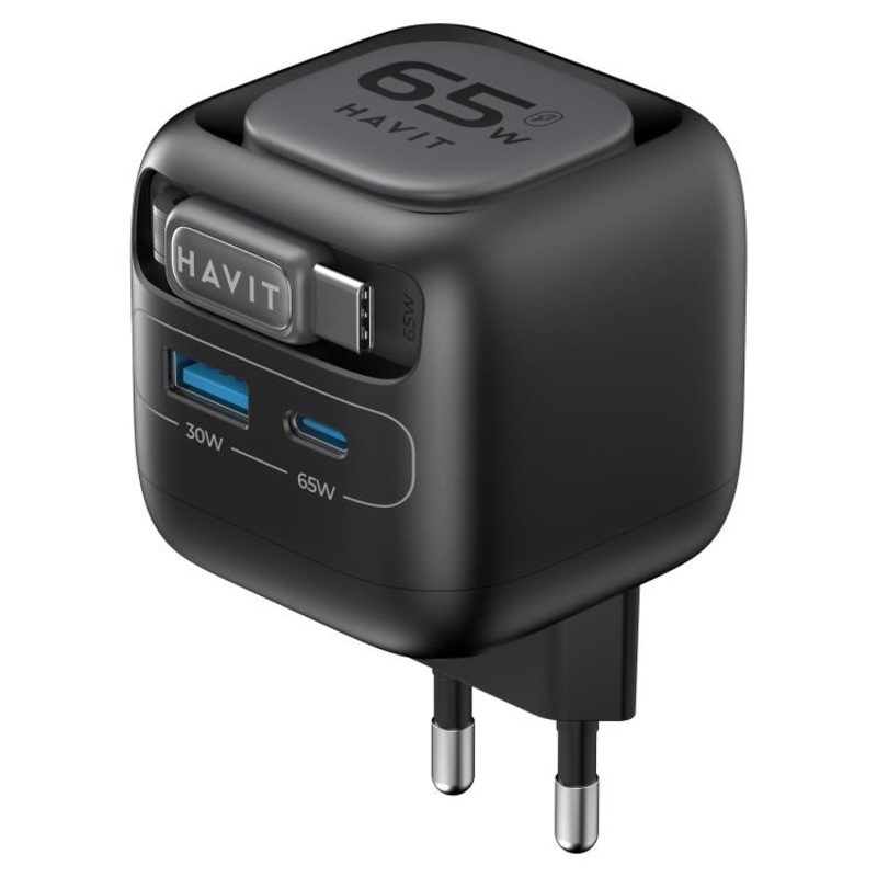 Havit UC253 65W 3 in 1 GaN Travel Charger with Type-C Retractable Cable, Plug:EU Plug(Black)