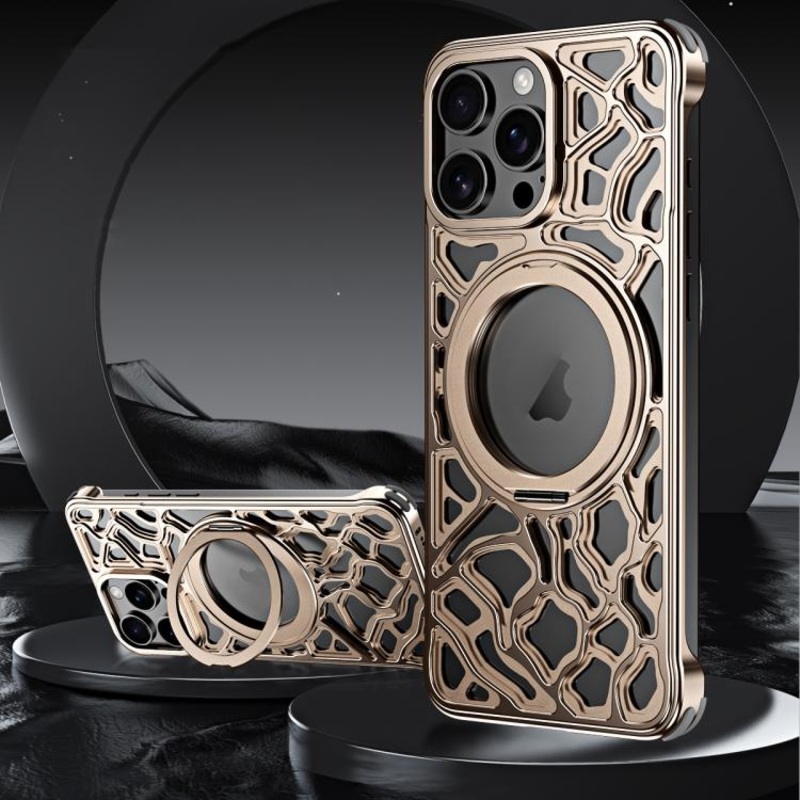 For iPhone 16 Pro Yunyan Series Alloy Rotating Holder MagSafe Half Frame Phone Case(Gold)