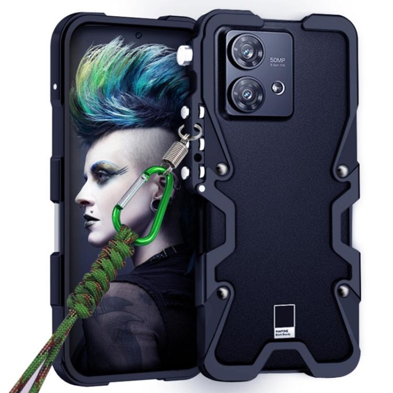 For Motorola Edge 40 Neo Trigger Design Hollow Metal Frame Phone Case with Lanyard(Black)