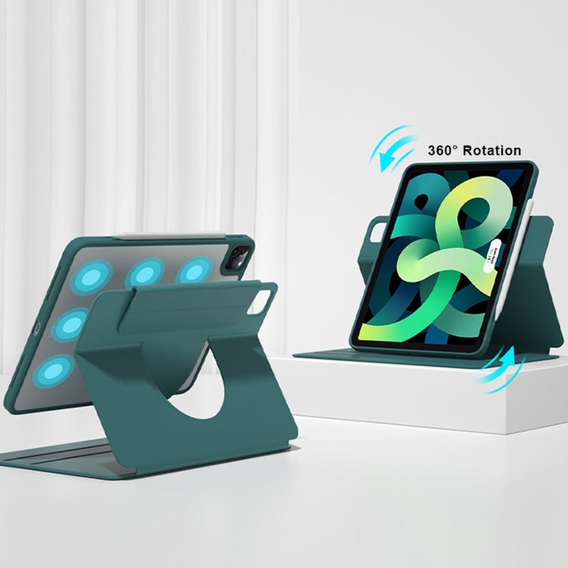 For iPad mini 6 / mini 2024 Front Stand Rotating Clear Back Smart Leather Tablet Case(Night Green)