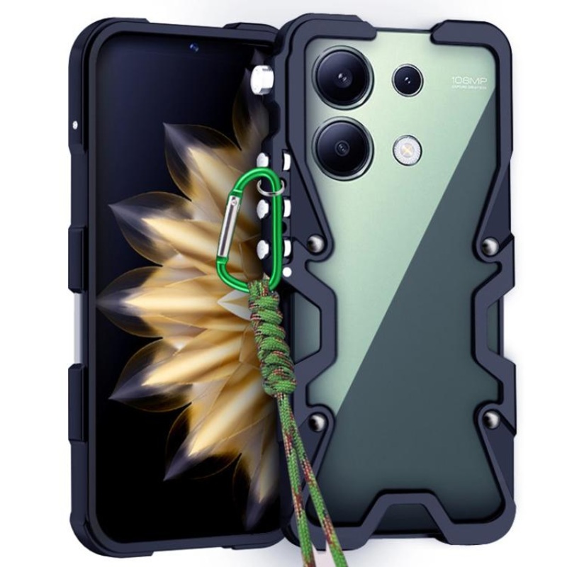 For Redmi Note 13 4G Trigger Design Hollow Metal Frame Phone Case with Lanyard(Black)