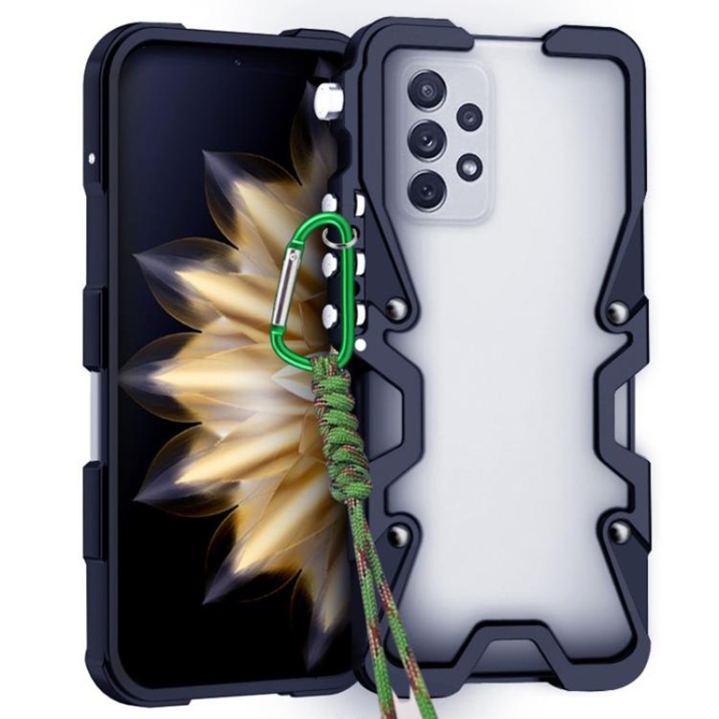 For Samsung Galaxy A72 4G / 5G Trigger Design Hollow Metal Frame Phone Case with Lanyard(Black)