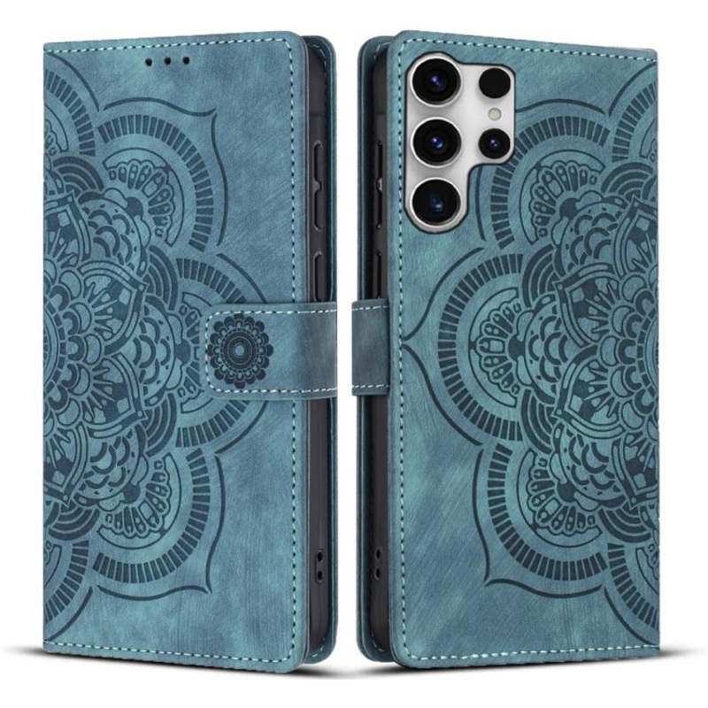 For Samsung Galaxy S23 Ultra 5G Mandala Embossed Retro Frosted Leather Phone Case(Blue)