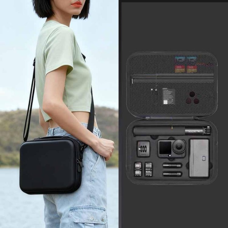For DJI Osmo Action 6 Adventure Combo Carrying Case Shock-Absorbing EVA+PU Storage Bag Shoulder Strap Black