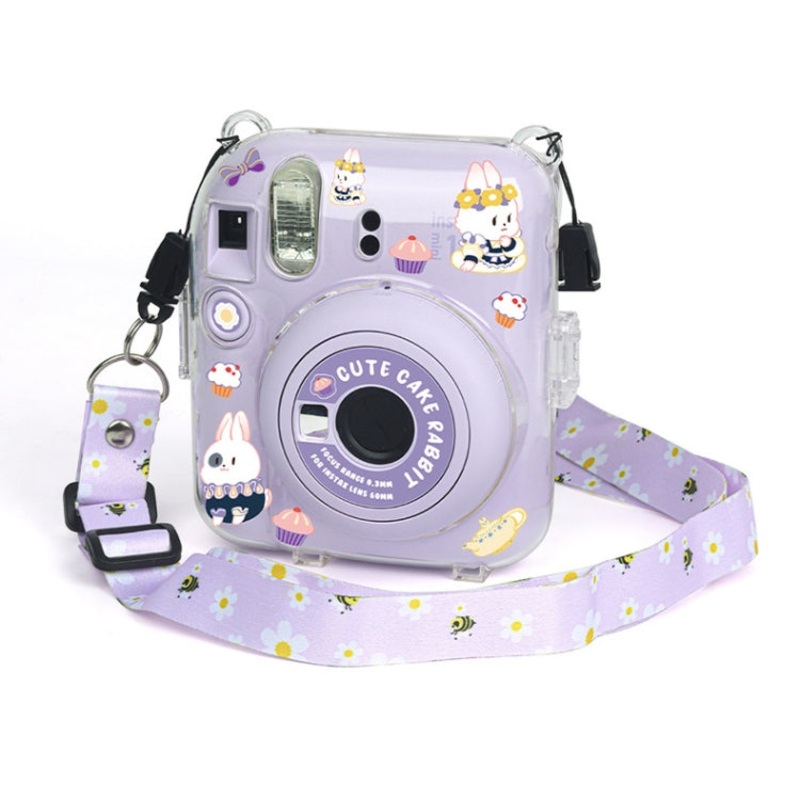 For FUJIFILM instax mini 12 Crystal Hard Acrylic Camera Case with Shoulder Strap(DIY Purple Daisies)