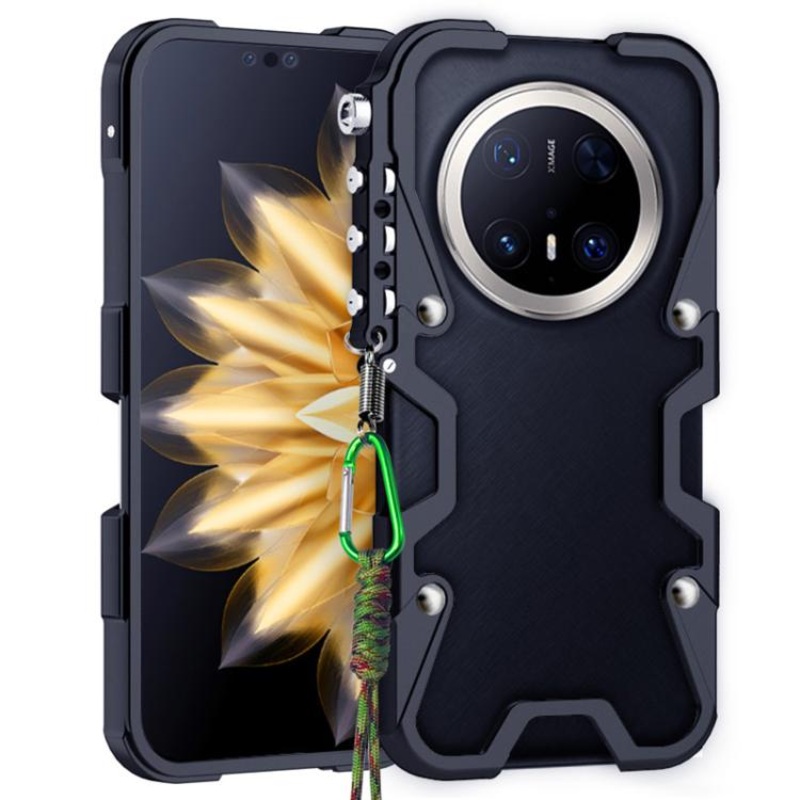 For Huawei Mate 70 Pro+ Trigger Design Hollow Metal Frame Phone Case with Lanyard(Black)