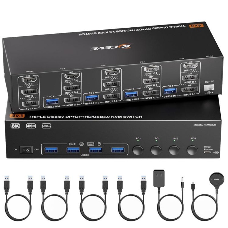 NW-KVM403DH 8K 60Hz USB3.0, DP, HDMI Ports Triple Monitor KVM Switch(EU Plug)