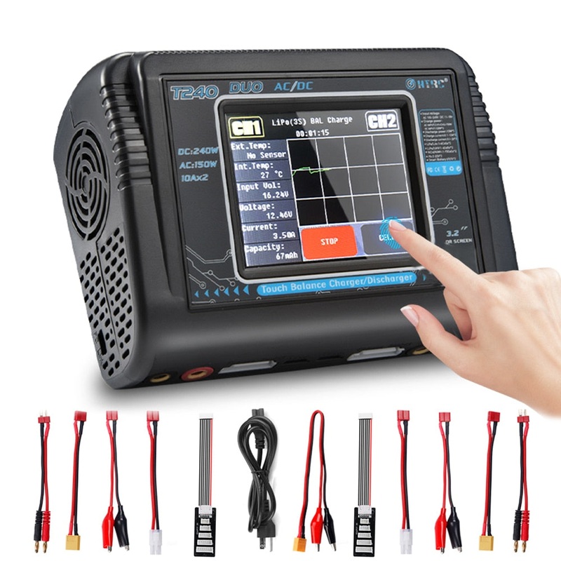 HTRC T240 Duo Lipo Charger - Battery Discharger Dual Channel AC 150W DC 240W Touch Screen RC Charger for Model Car Toy T150