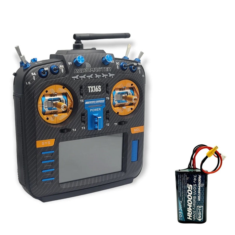 RadioMaster TX16S MKII MAX AG01 Pyrodrone Edition - Carbon Face Plate, Pyro AG01 Gimbals, Blue/Orange CNC parts, Black Leather Grips & 5000mAh 2S Li-Ion Battery - Choose Protocol