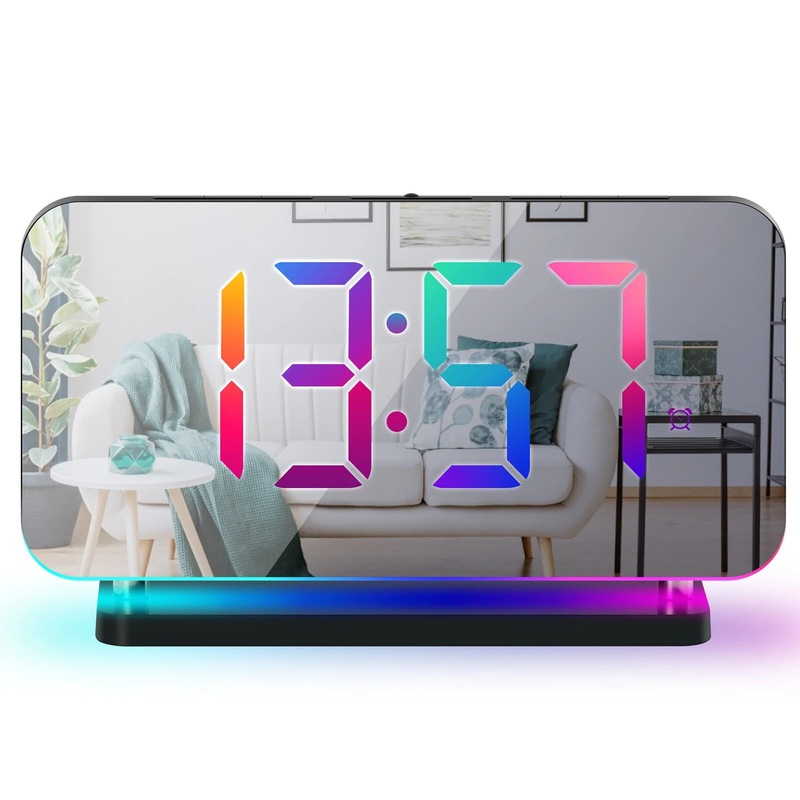 Large Screen Electronic LED Mirror Clock Colorful RGB Display Colorful Night Light Radio Projection Clock Led Electronic Clock Desktop Alarm Clock White