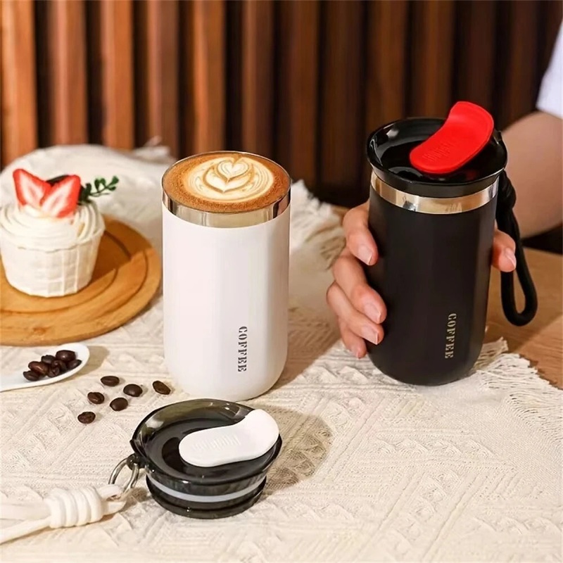 IPRee 350ml Stainless Steel Insulated Cups Portable Double Wall Vacuum Flask Coffee Mug with Rope Leak-Proof Drinking Water Bottles Black