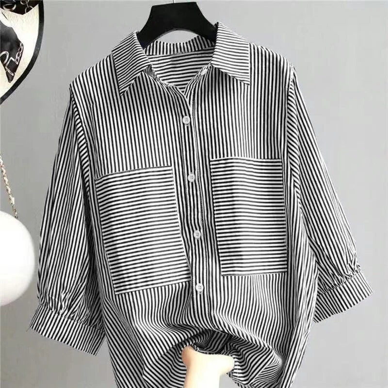 ZANZEA Women's Striped Shirt Summer 3/4 Sleeve Lantern Sleeve Front Pockets Casual Blouse Top Red