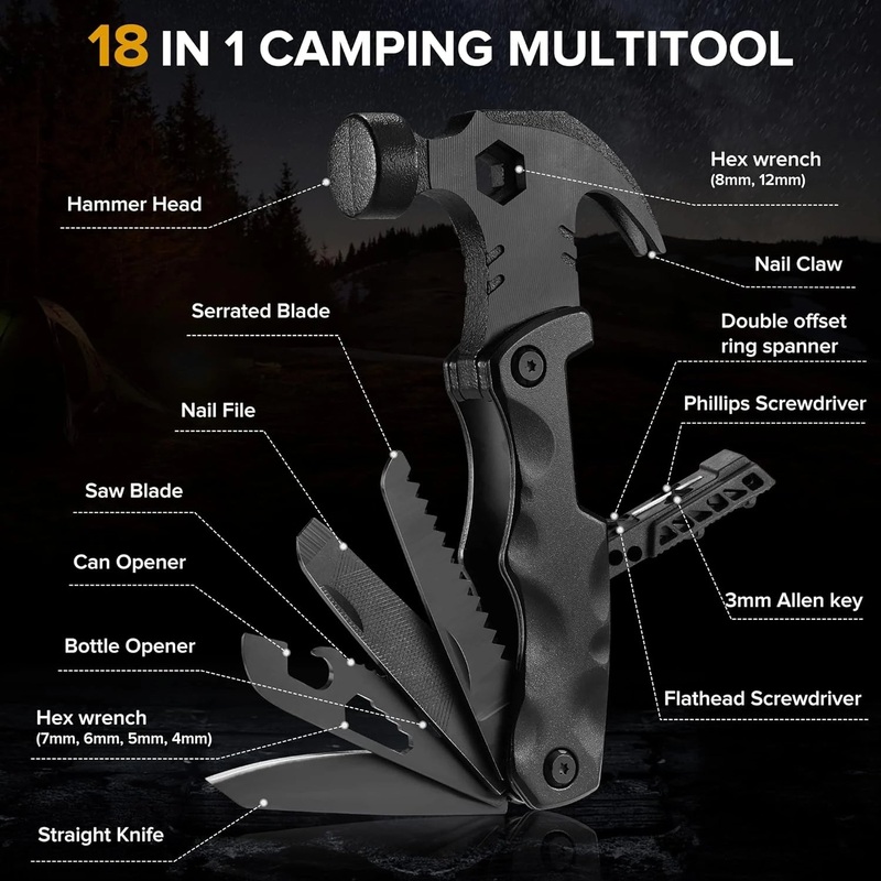 IPRee 18 in 1 Multifunctional Claw Hammer Nail Puller Combination Small Saw Bit Tool Outdoor Survival Camping Hiking Portable Hammer Black