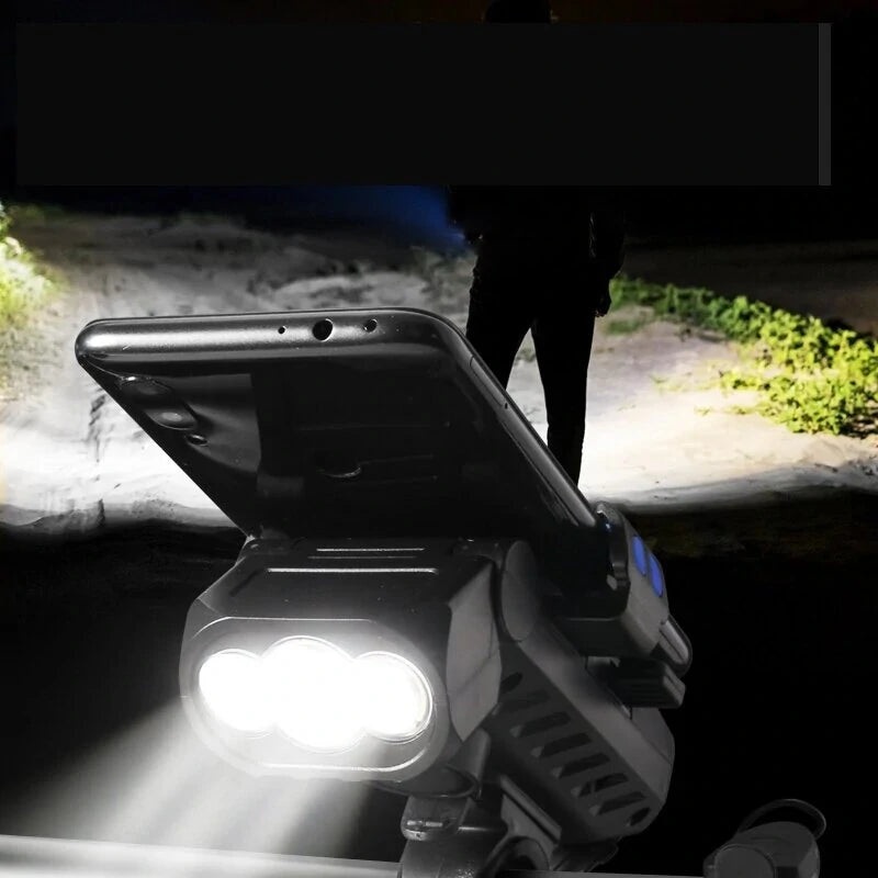 Xmund 3 in 1 500LM Brightness Bike Headlight 3000mAh Battery IPX6 Waterproof 3 Light Modes 120 Rotation Phone Holder with 120dB Horn for Night Cycling Blue