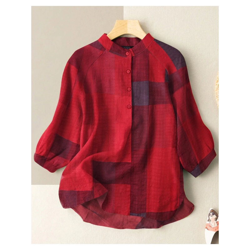 ZANZEA Plus Size Loose Fit Check Print Button Stand Collar 3/4 Sleeve Cotton Linen Women Blouse Red