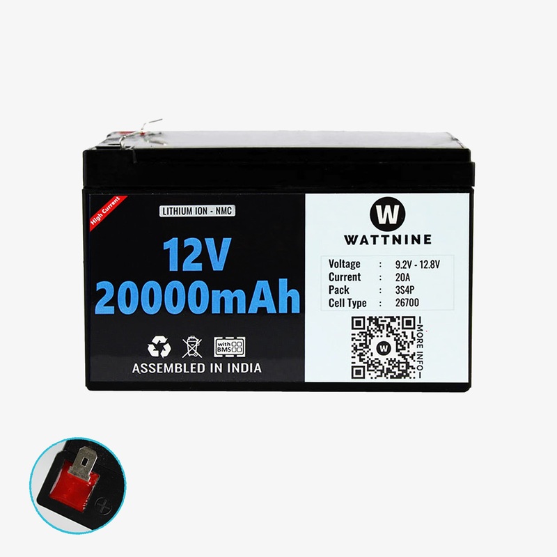 WATTNINE 12V 20Ah Rechargeable Lithium Ion (NMC) Battery Pack with Warranty