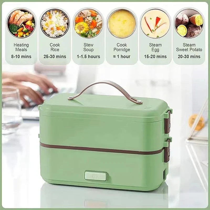 2 Layer 300W Portable Electric Lunch Box Food Warmer for Travel Self Cooking Heated Lunch Box for Home Office Cooking Food Green