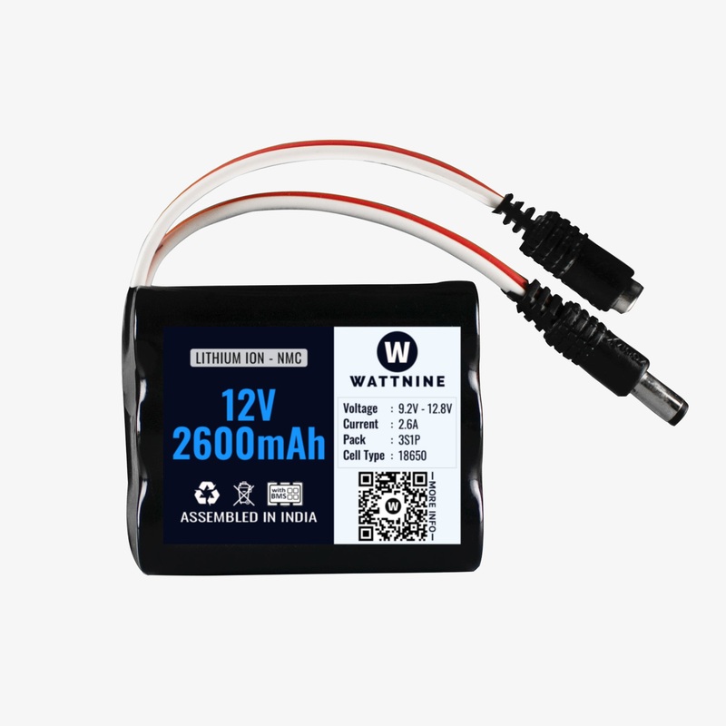 WATTNINE 12V 2600 mAh Rechargeable Lithium Battery Pack with Warranty (includes BMS) for GPS, CCTV, Industrial and Commercial Application