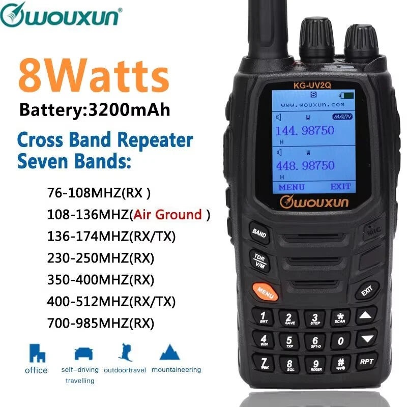 Wouxun KG-UV2Q 8W Multi Band Walkie Talkie UHF VHF AM FM High Power Long Range SOS 999 Channels Two Way Radio for Traveling Black