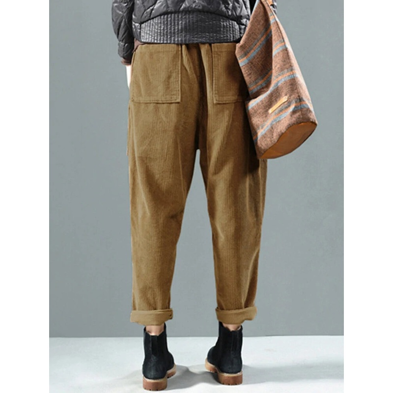 ZANZEA Corduroy Elastic Waist Solid Color Side Pocket Harem Pants