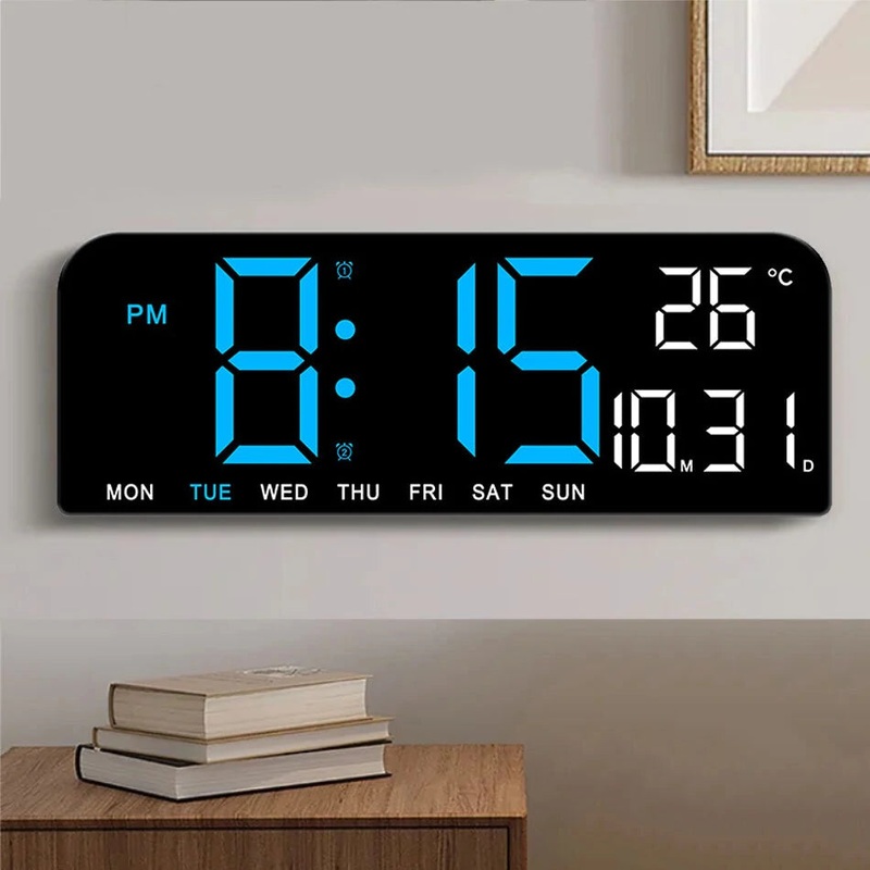 9 Inch Large Digital Wall Clock Temperature Date Week Timing Countdown Light-sensing Table Clock 2 Alarm 12/24H LED Alarm Clock Blue
