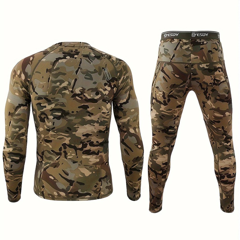 TENGOO Men's Camouflage Thermal Underwear Set,Long Sleeve Top Pant Sports Warm Suit, Crew Neck, High Stretch Knit Fabric, Outdoor Hiking Base Layer Skinny Fit Camouflages