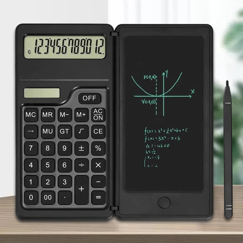 Basic Calculator Notepad with 6 Inch LCD Writing Tablet Portable Foldable Scientific Calculator Mute Solar/Dual Battery Powered for High School College Office Black