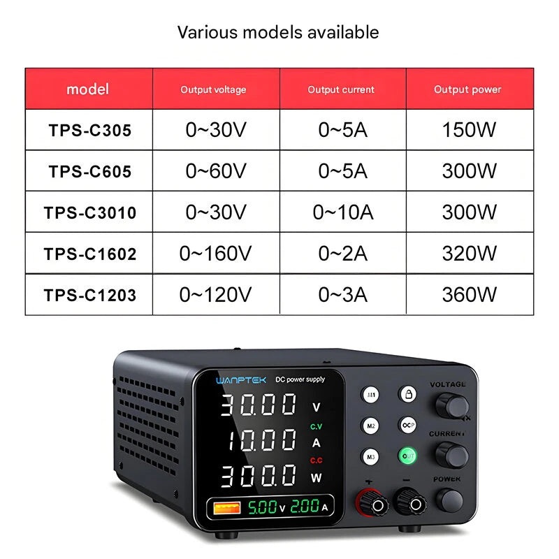 WANPTEK DC Power Supply TPS-C1203 TPS-C305 C605 C3010 0-160V 0-10A 360W 300W 150W Adjustable Regulated Power Supply USB Fast Charge Overcurrent Protection Digital Display