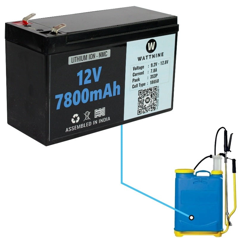 WATTNINE 12V 8A Lithium ion Battery Pack for Battery Operated Agricultural Pesticide Spray Pump - 12v Battery for Spray Pump