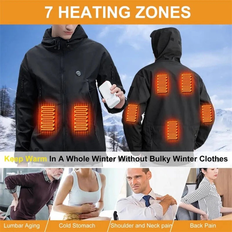 TENGOO Unisex Heated Jacket - 7 Heating Zones, 3-Level Temperature Control, Windbreaker Thermal, High Neck Hooded Coat for Winter Outdoor Sport