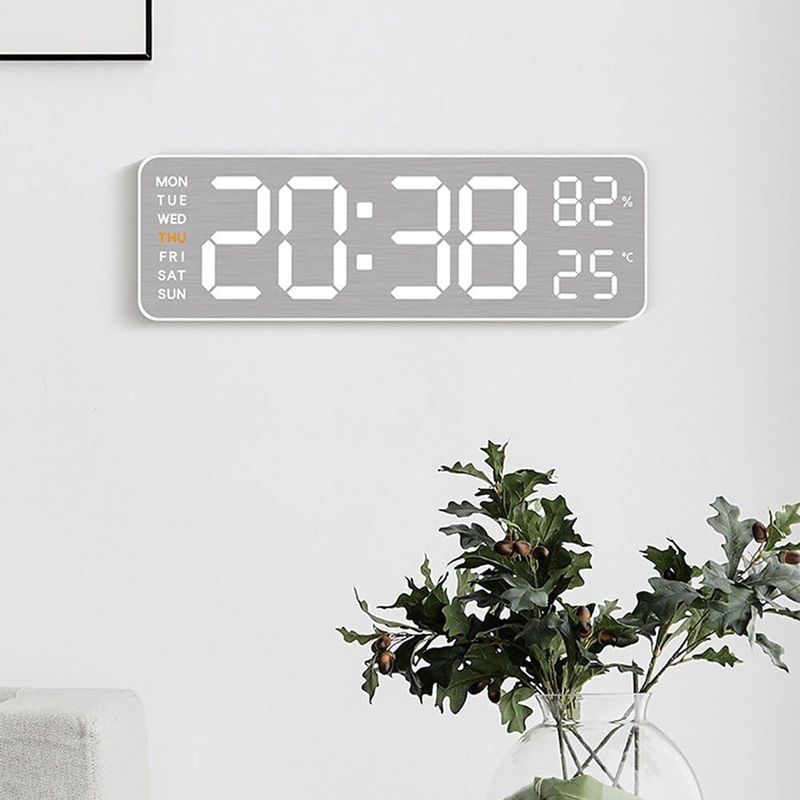 Electronic Wall Clock Temperature Humidity Display Metal Brushed Multifunctional Wall Clock Digital LED Electronic Alarm Clock White