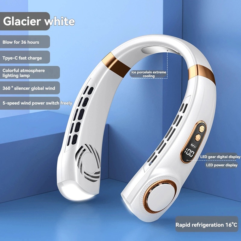 1800mAh Portable Hanging Neck Fan Top Version Battery Display Colorful Breathing Light Portable Halterneck Fan USB Handheld Silent Multi-function Bladeless Mini Electric Fan Blue