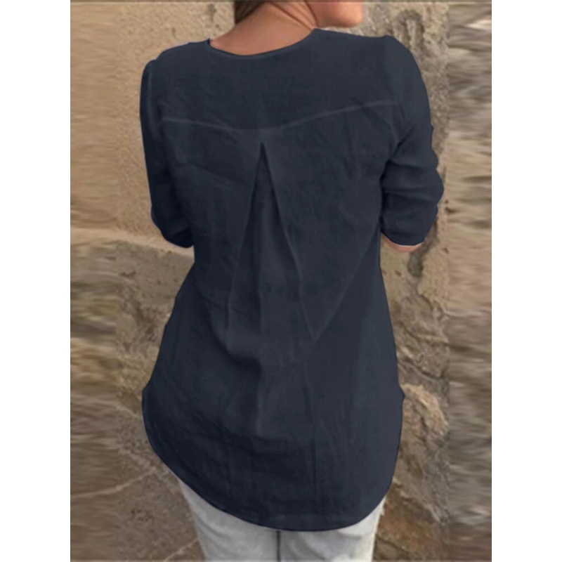 Cotton Solid Button Ruched High-Low Hem Casual Blouse White