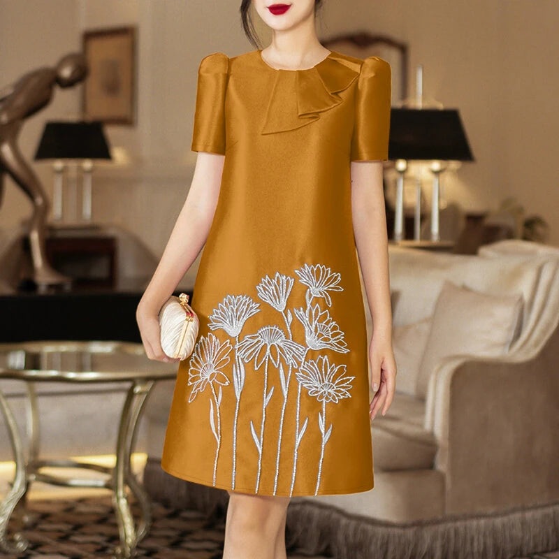 ZANZEA Womens Elegant Floral Embroidery Satin Dress Party Puff Sleeve Ruffles Knee Length Dresses Rose red