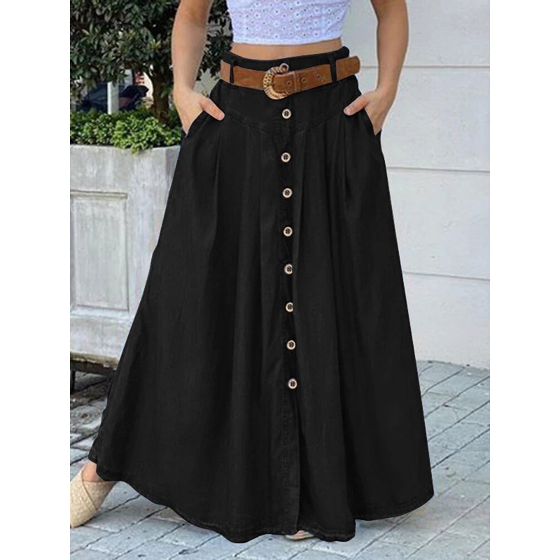 ZANZEA Plus Size Women Long Skirts, Summer Button Down Dress, Solid Color Loose Casual High Waist Long Skirt With Pocket Black