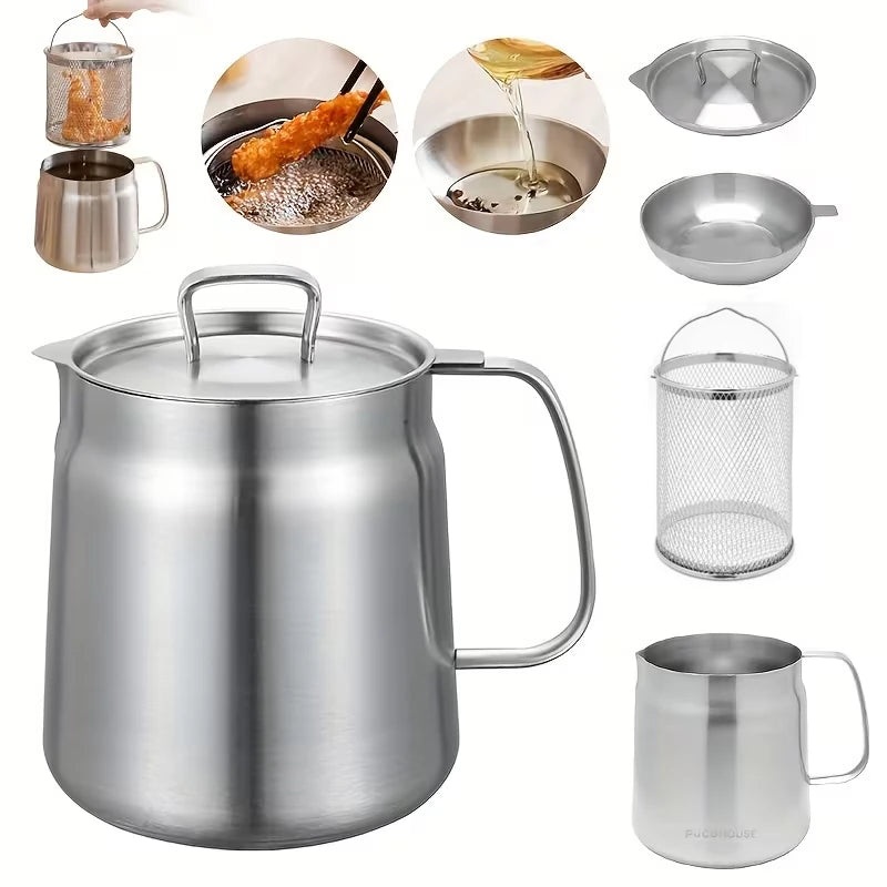 IPRee 2L Stainless Steel Oil Filter Pot 304 Food Grade Frying Pouring Container with Fine Mesh Filter Stove Safe Kitchen Cooking Utensil