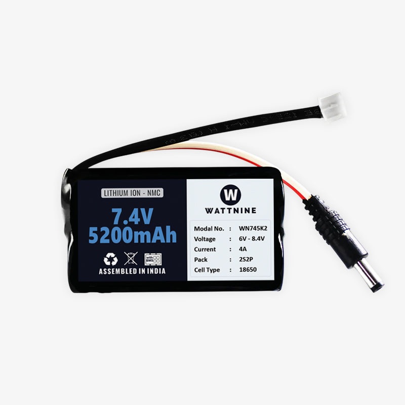 WATTNINE 7.4V 5200mAh Rechargeable Lithium-ion NMC Battery Pack with Warranty for GPS, CCTV, and Commercial Application