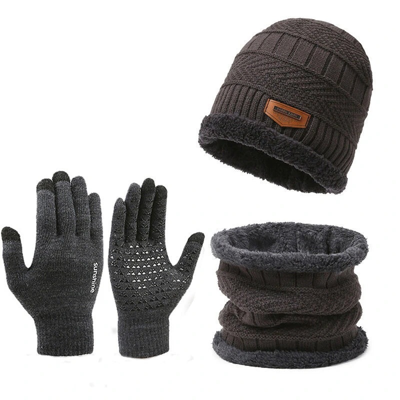 3pcs/set Women Men Winter Hat and Glove Sets Warm Knit Hat Snow Ski Skull Cap with Visor and Touch Screen Mittens Texting Gloves Set Black