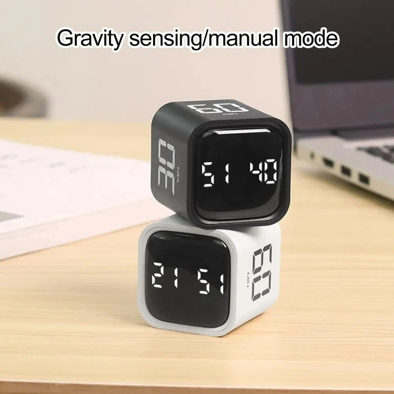 Productivity Cube Timer Sensor Flip LED Display 4 Preset Times Dual Mode Time Management Countdown Kitchen Student Learning Mini Digital Timer Black