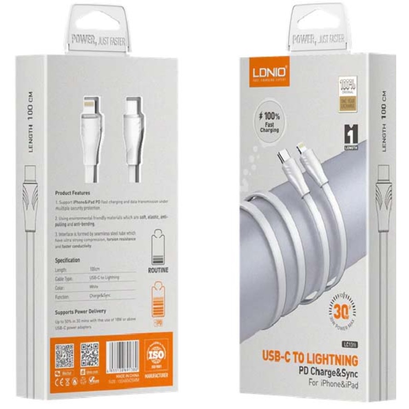 LC131L - USB CABLE C MALE TO LIGHTNING 8P 3FT 30W FAST CHARGE AND SYNC