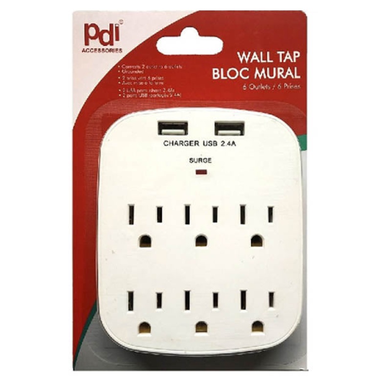 PDI-728 - WALL TAP 6 O/LET 15A 125V 1875W WITH 2 USB PORTS