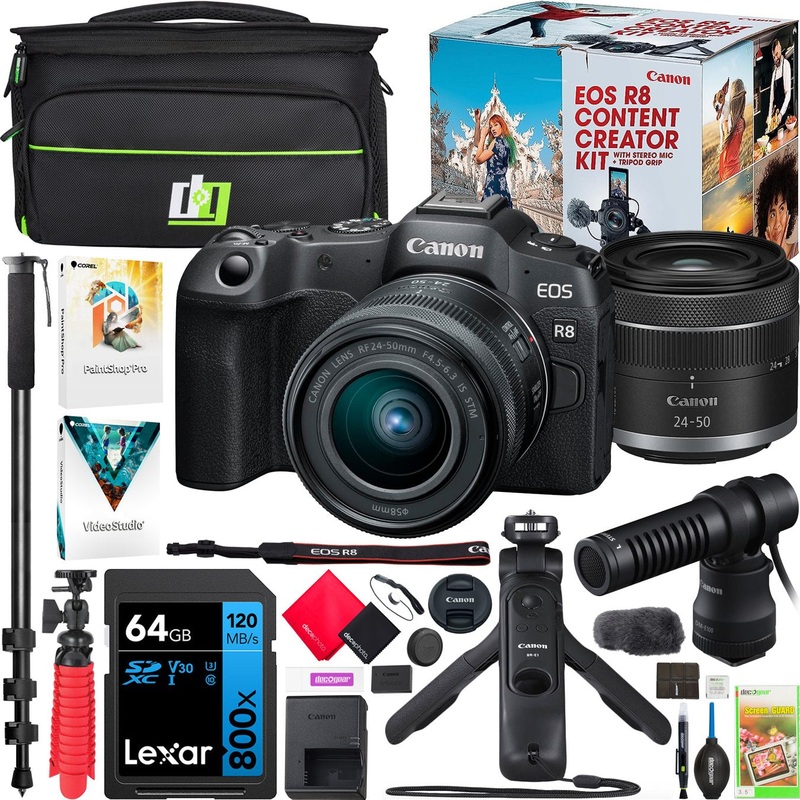 Canon EOS R8 Mirrorless Camera Content Creator Kit w/ 24-50mm IS STM Lens + Mic Bundle