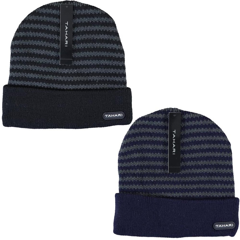 Tahari 2x Cuffed Knit Winter Beanie Ski Hat Insulated With Faux Fur(Unisex)(Black&Navy) none