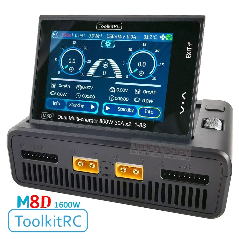 ToolkitRC M8D Smart Charger 2CH Touch Screen Dual Channel DC800W*2 30A 1-8S Lithium Battery Fast Charge RC Model Car FPV Drone M8D