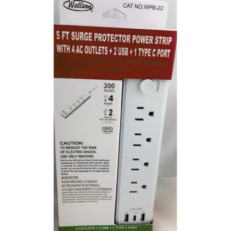 WPB-22 - POWER BAR 4 O/LET WITH 2XUSB AND 1XTYPE C PORT 5FT CORD 300JOULES