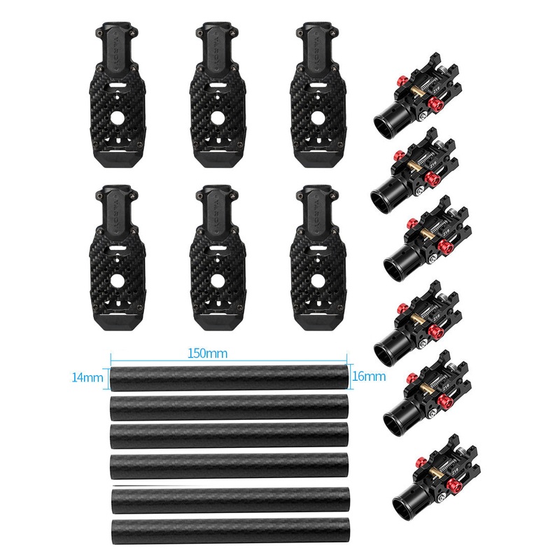 JMT 6PCS 16MM*14MM*150MM 3K Carbon Fiber Tube with 16mm Clamp Type Motor Mount Plate Holder & Z16 Folding Arm Tube Joint for 6-axle Aircraft RC Hexacopter DIY Copter Drone