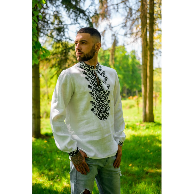 Men's White Embroidered Long Sleeve Shirt