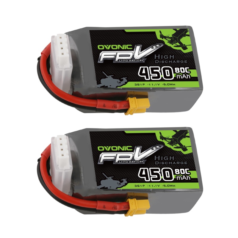 2 x OVONIC 80C 11.1V 450mAh 3S Lipo Battery with XT30 Plug for 2 to 4-inch Micro FPV Drones Racing Freestyle Drone Tiny Whoop Cinewhoop